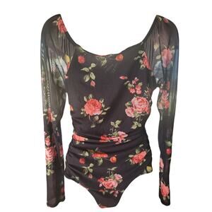 Ember Black Floral Bodysuit Ruched Sheer Long Sleeves Sz L
